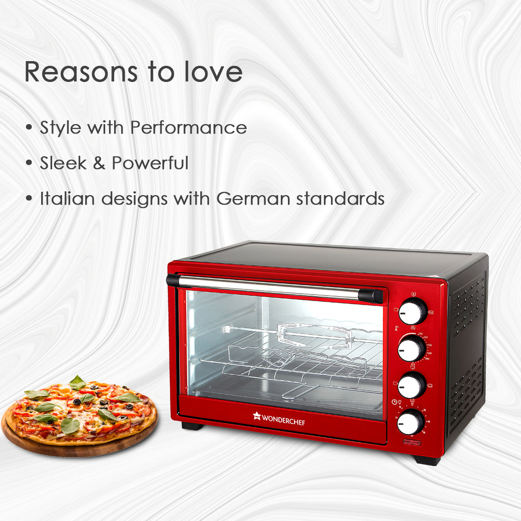 Oven Toaster Griller (OTG) Crimson Edge - 28Litres - with Auto-shut Off, Heat-resistant Tempered Glass, Multi-stage Heat Selection, 2 Years Warranty, 1600W, Red