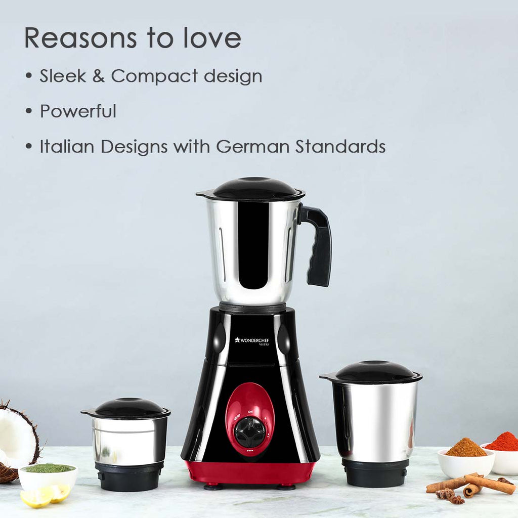 Vietri Mixer Grinder, 550W with 3 Anti-rust Stainless Steel Jars and Blades, 3-speed Knob, Anti-skid Feet, 5 Years Warranty on Copper Armature Motor, Black & Red