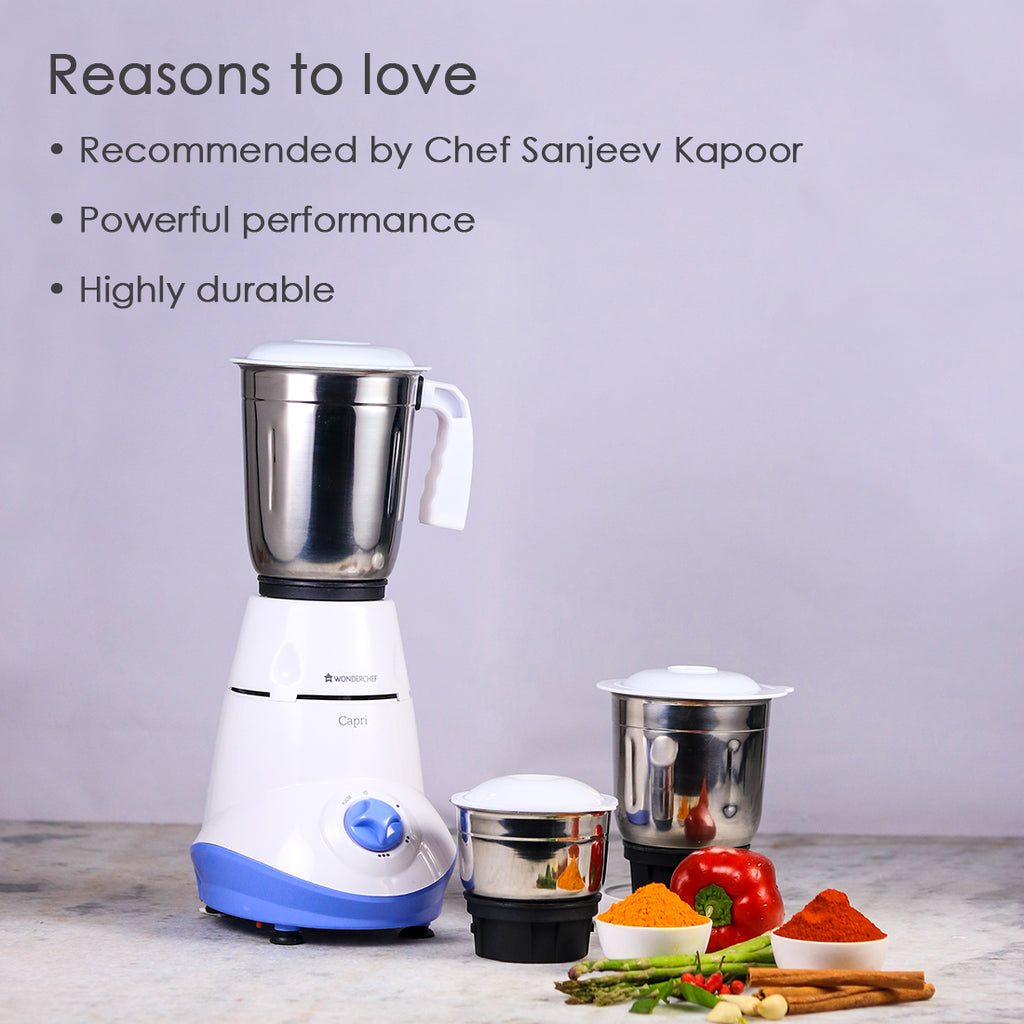 Capri Mixer Grinder 550W With 3 Stainless Steel Jars (White & Blue)