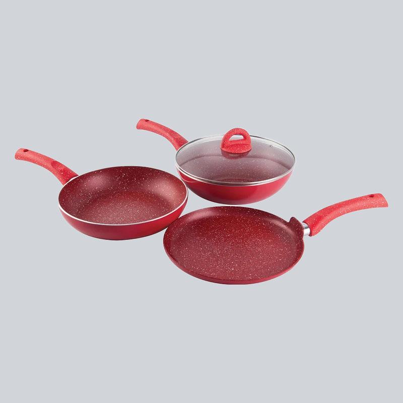 Granite Non-stick Cookware Set, 4Pc (Frying Pan With Lid, Wok, Dosa Tawa), Induction Bottom, Pure Grade Aluminium, PFOA, 3.5mm, 2 Years Warranty, Red