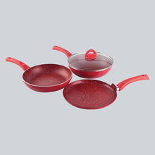 Load image into Gallery viewer, Granite Non-stick Cookware Set, 4Pc (Frying Pan With Lid, Wok, Dosa Tawa), Induction Bottom, Pure Grade Aluminium, PFOA, 3.5mm, 2 Years Warranty, Red