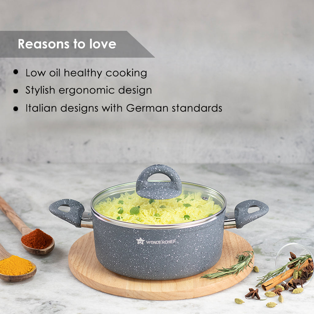 Granite 24 cm Non-Stick Casserole | Glass Lid |Induction Bottom | Soft-Touch Handles | Virgin Aluminium | PFOA and Heavy Metals Free | 3.5mm | 4 liters | 2 Year Warranty | Grey