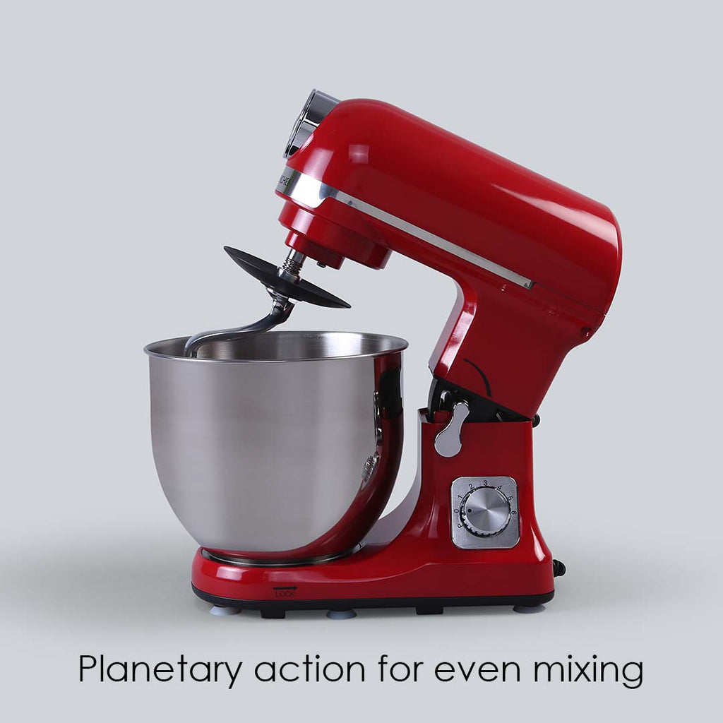 Crimson Edge Die-Cast Metal Kitchen Stand Mixer and Beater with 6 Speed Settings | Pasta Attachments | 1000 W Powerful Copper Motor | 5 L SS Bowl | Includes Whisking Cone, Mixing Beater, Dough Hook Attachments & Splash Guard | 3 Year Warranty | Red