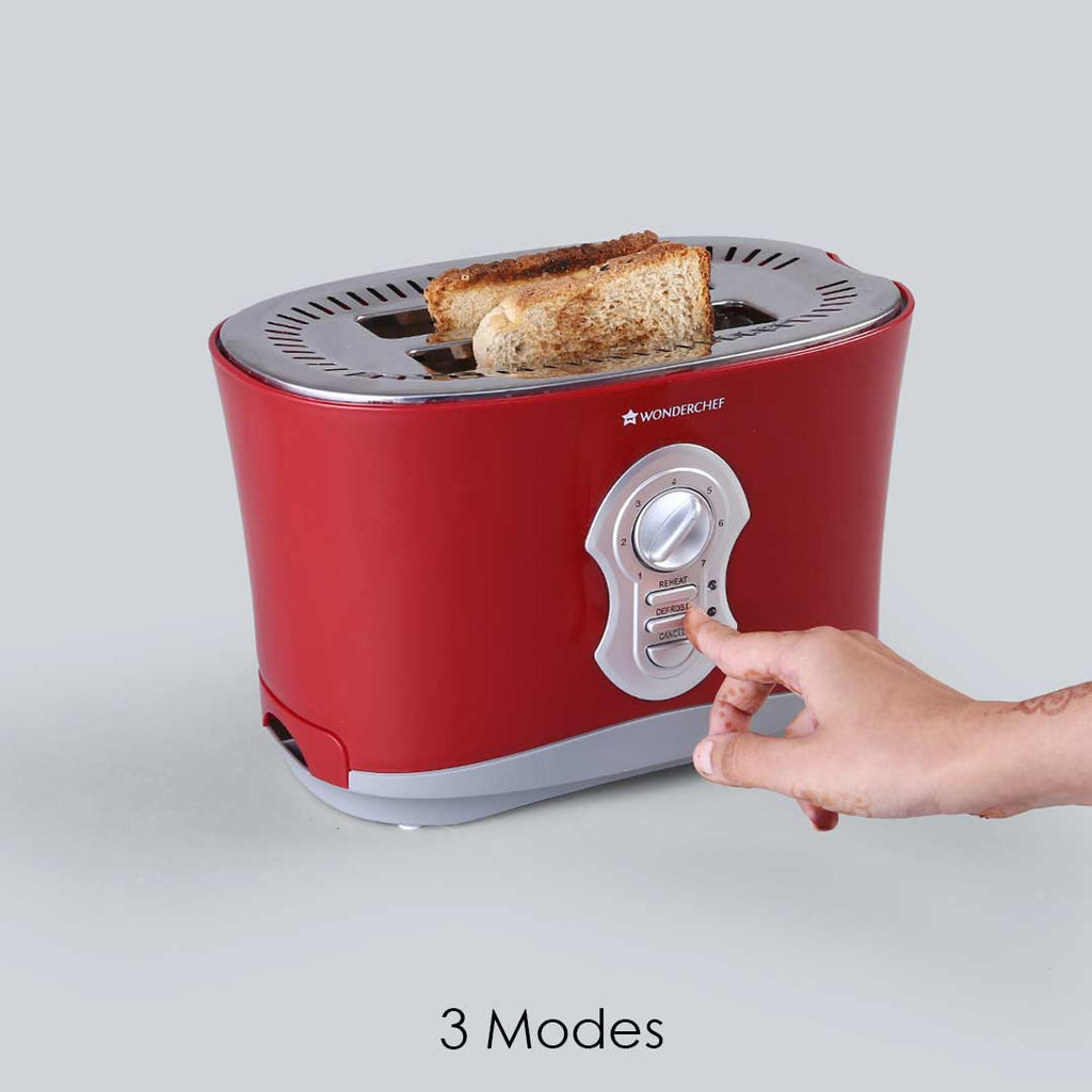 Crimson Edge Slice Toaster with Defrost, Reheat & Cancel Function | 800 Watt | 2 Bread Slice Automatic Pop-up Electric Toaster | 7- Level Browning Controls | Auto Shut Off | Mid Cycle Cancel Feature | Removable Tray | Easy to Clean | Red | 2 Year Warranty