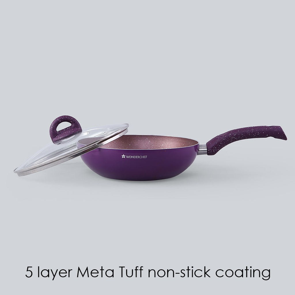 Granite Non-Stick Wok | Glass Lid | Induction Bottom | Soft-Touch Handles | Virgin Aluminium | PFOA and Heavy Metals Free | 3.5mm Thick| 24cm, 2.7 litres | 2 Year Warranty | Purple