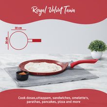 Load image into Gallery viewer, Royal Velvet 30 cm Non-Stick Dosa Tawa | Induction Bottom | Soft-Touch Handle | Virgin Grade Aluminium | PFOA/Heavy Metals Free | 3 mm | 2 Years Warranty | Red