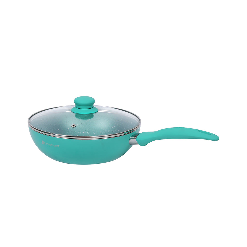 Celebration Non-stick Cookware Set, 5Pc (Wok with Lid, Mini Fry Pan, Dosa Tawa, Grill Pan), Induction Friendly, Soft Touch Handle, Pure Grade Aluminium, PFOA/Heavy Metals Free, 2.2mm, 2 Years Warranty, Turquoise blue