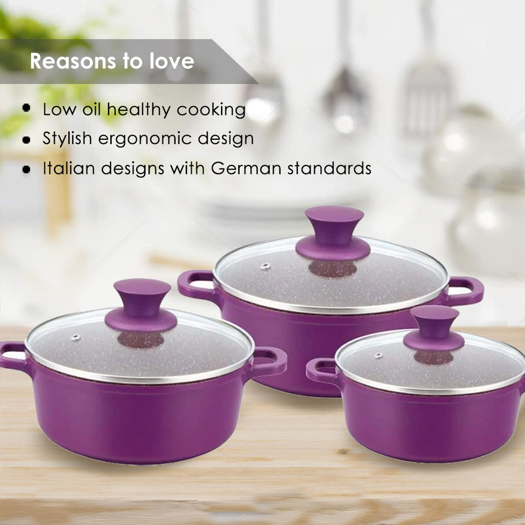 Granite Die-Cast Non-stick 6-piece Casserole Set with Lids, Induction bottom, Soft-touch handles, Virgin grade aluminium, PFOA/Heavy metals free, 3.5mm, 2 years warranty, Purple