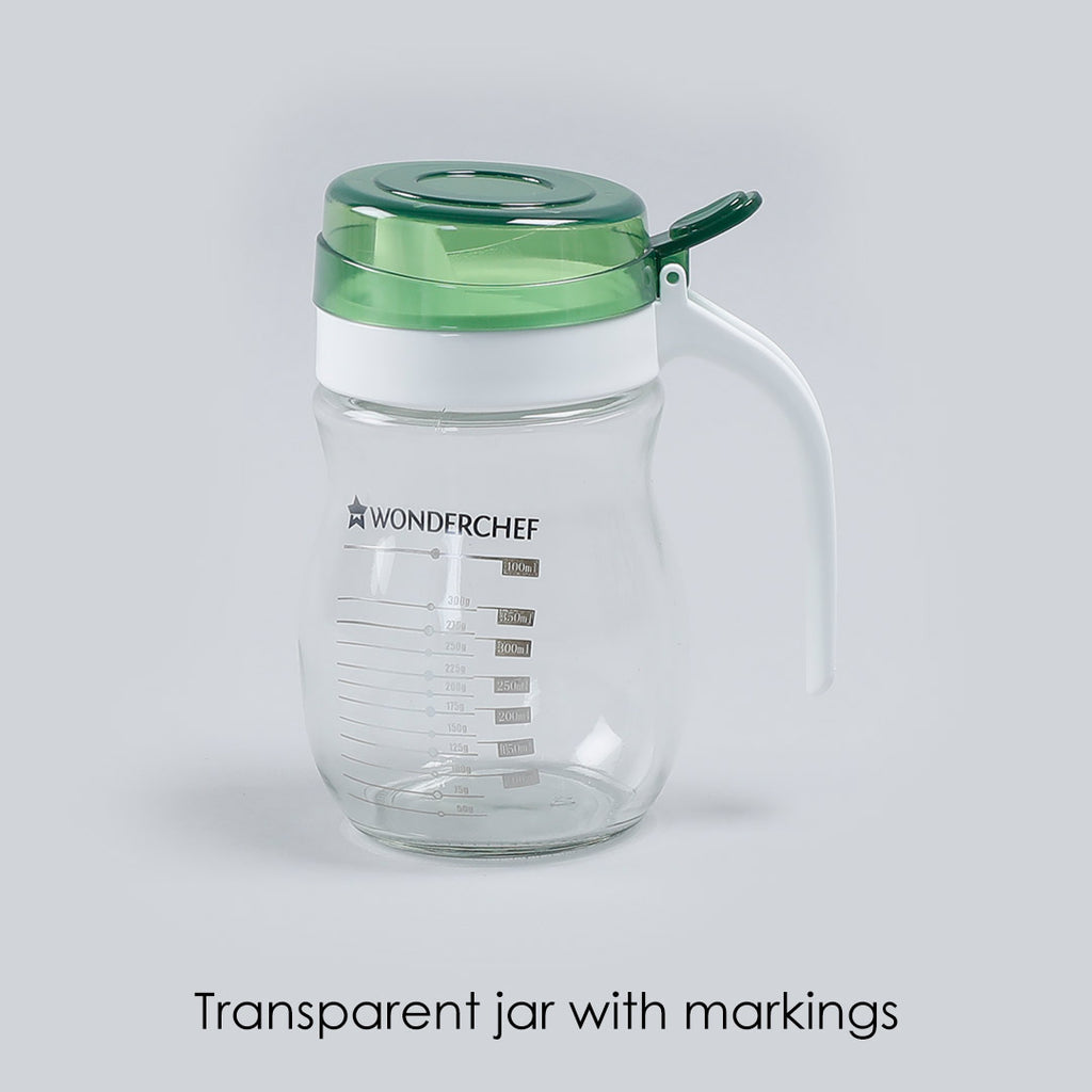 Oil Pourer Glass Bottle for Kitchen, Transparent Oil Pourer and Holder with Green Lid, Accurate Pouring without Wastage, 550ml