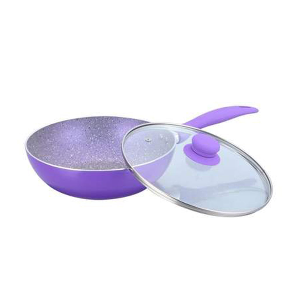 Celebration  Aluminum Non-Stick Cookware 5 pc Set | Kadhai with Glass Lid 24cm, Grill Pan 24cm, Dosa Tawa 28cm, Mini Fry Pan 12cm  | Induction Bottom | Soft Touch Handles | Pure Grade Aluminium | PFOA Free | 2 Year Warranty | Purple