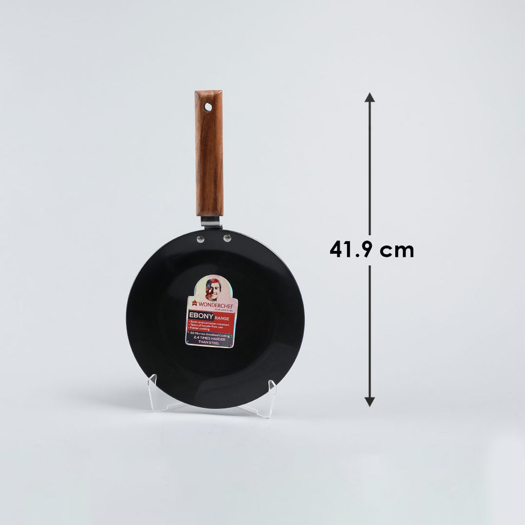 Ebony 25 cm Roti Tawa | Induction Bottom | Wooden Handle | Hard Anodized Aluminium | Non Stick Tawa| 4.06 mm | 5 Years Warranty | Black