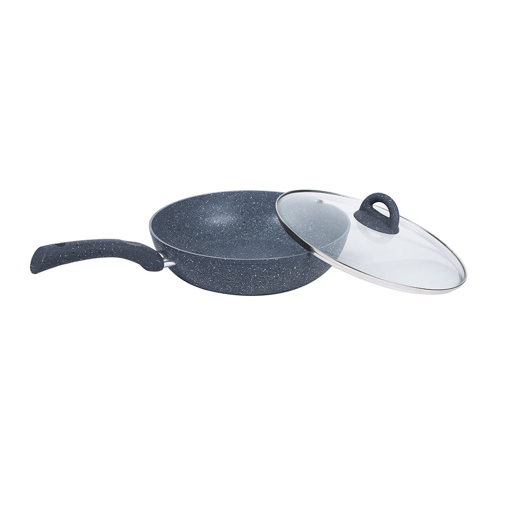 Granite 26cm Non-Stick Wok | Glass Lid | Induction Bottom | Soft-Touch Handles | Virgin Aluminium | PFOA and Heavy Metals Free | 3.5mm Thick| 26cm, 3.1 litres | 2 Year Warranty | Grey
