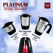 Load image into Gallery viewer, Platinum Mixer Grinder 500W with 3 Stainless Steel Jars And Anti-Rust Stainless Steel Blades, Ergonomic Handles, 5 Years Warranty On Motor,  Black &amp; Crimson