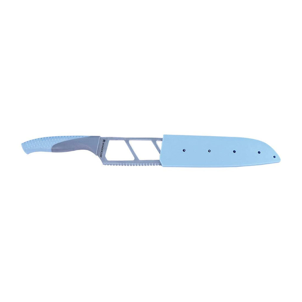 Easy Slice Stainless Steel Knife 8 Inches, Razor Sharp Double-Edged Blade, Hollow Blade Design, Full-Tang Construction, Plastic Guard for Protection, 5 Years Warranty, Blue