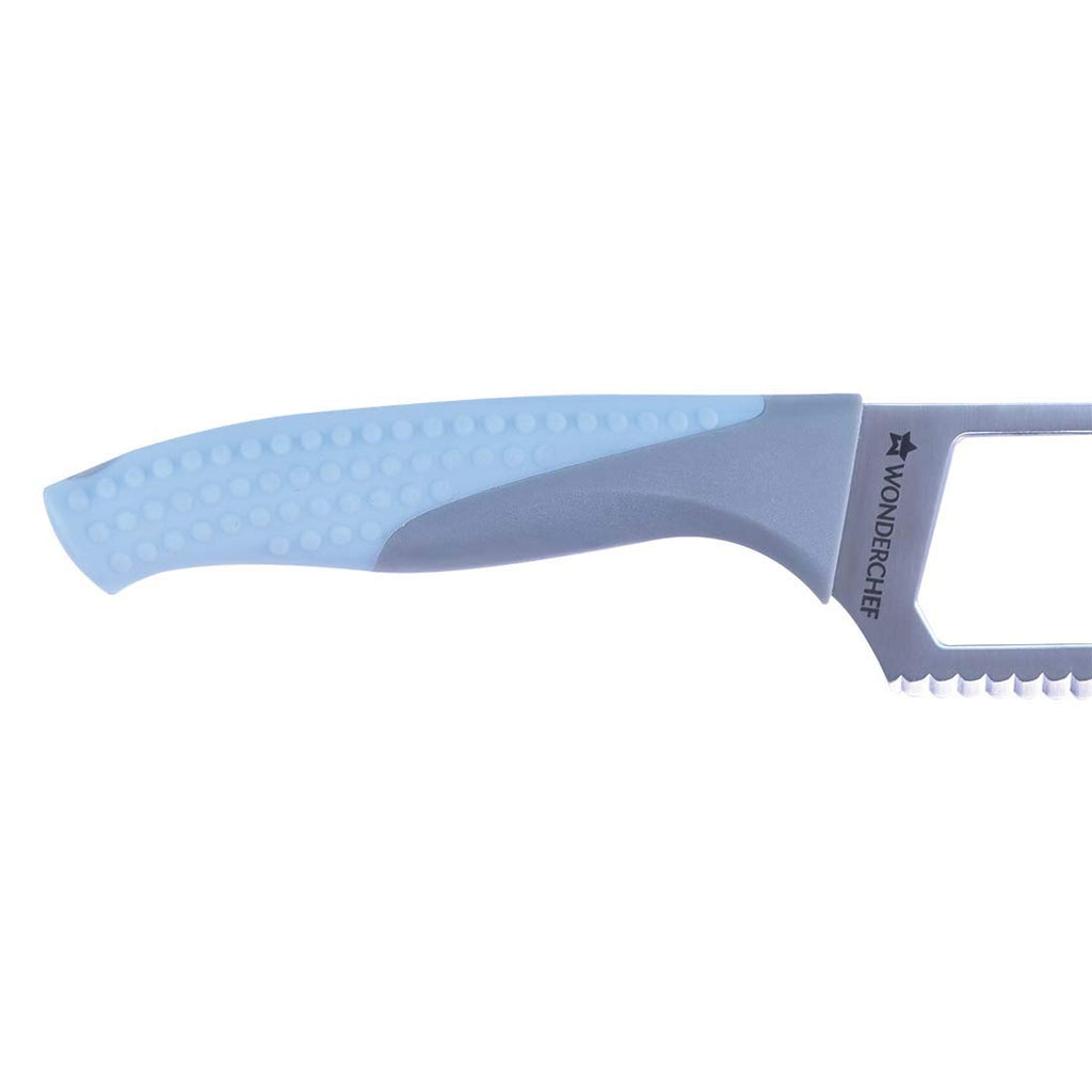 Easy Slice Stainless Steel Knife 8 Inches, Razor Sharp Double-Edged Blade, Hollow Blade Design, Full-Tang Construction, Plastic Guard for Protection, 5 Years Warranty, Blue