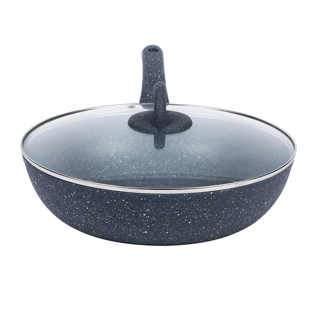 Granite 24 cm Non-Stick Wok | Glass Lid | Induction Bottom | Soft-Touch Handles | Virgin Aluminium | PFOA and Heavy Metals Free | 3.5mm Thick| 24cm, 2.7 litres | 2 Year Warranty | Grey