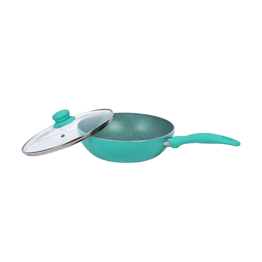 Celebration Non-stick Cookware Set, 5Pc (Wok with Lid, Mini Fry Pan, Dosa Tawa, Grill Pan), Induction Friendly, Soft Touch Handle, Pure Grade Aluminium, PFOA/Heavy Metals Free, 2.2mm, 2 Years Warranty, Turquoise blue