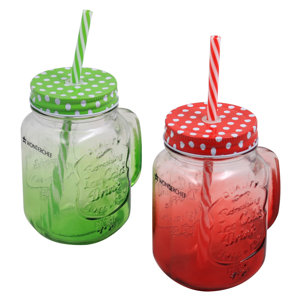 Mason Jar, with Straw & Lid, Red, Glass, 450 mL - Market 99