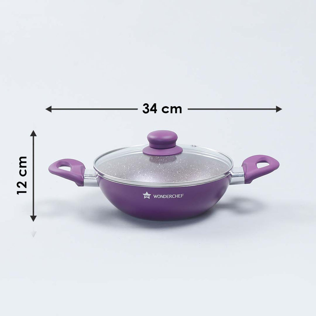 Royal Velvet 20 cm Non-Stick Kadhai with Lid and Induction Bottom | Soft-Touch Handle | Virgin Grade Aluminium | PFOA and Heavy Metals Free | 3 mm thick | 1.4 litres | 2 Years Warranty | Purple