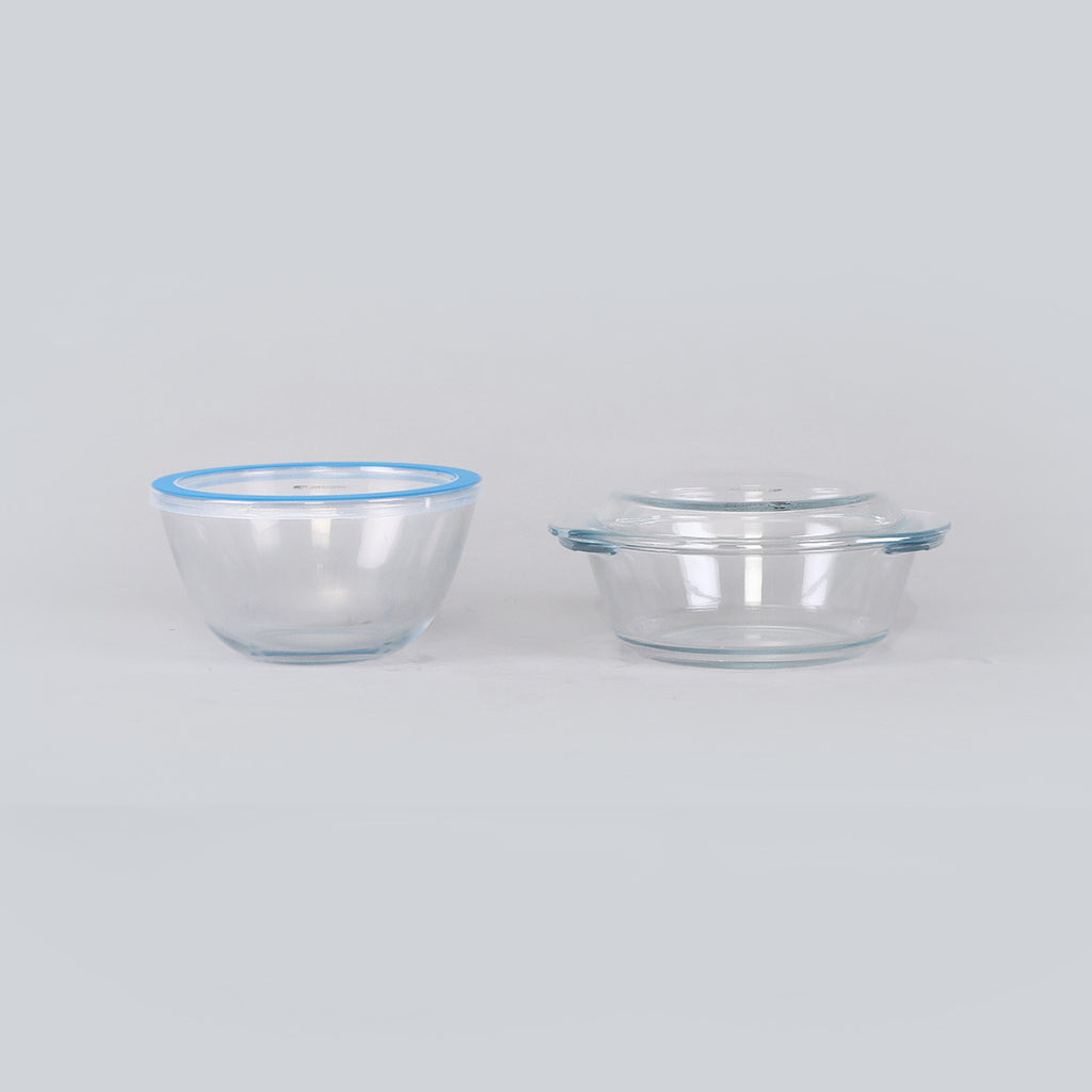 Victoria Borosilicate Glass 1 Casserole 1050ml + 1 Mixing Bowl 1000ml With Lids -  Set Of 2 Pcs