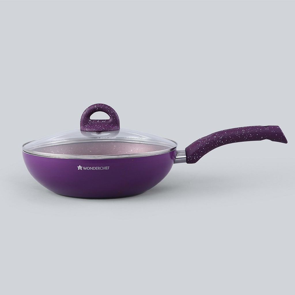 Granite Non-Stick Wok | Glass Lid | Induction Bottom | Soft-Touch Handles | Virgin Aluminium | PFOA and Heavy Metals Free | 3.5mm Thick| 24cm, 2.7 litres | 2 Year Warranty | Purple