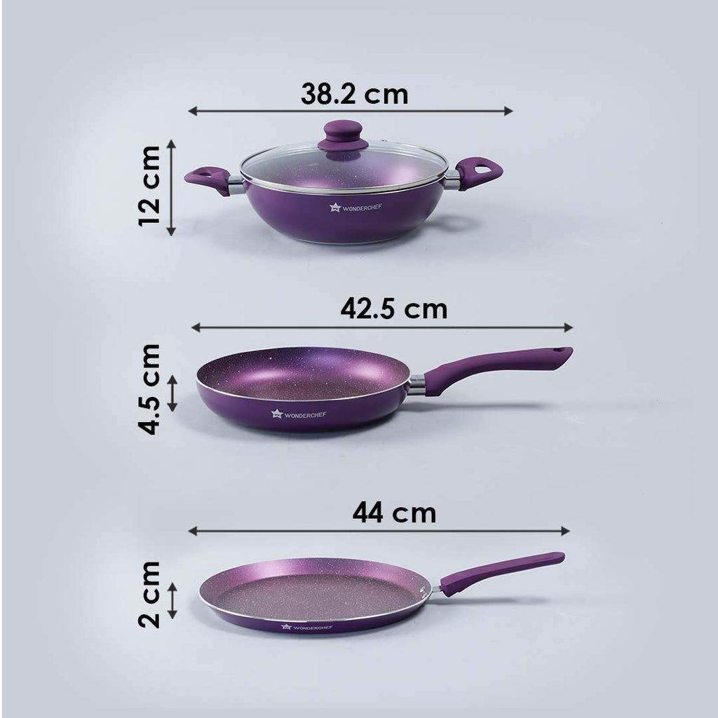 Orchid Non-Stick Cookware 4 Piece Set | Kadhai with Glass Lid 2.7L, Dosa Tawa 28cm, Fry Pan 24cm | Induction Bottom | Soft Touch Handles | Pure Grade Aluminium | PFOA Free | 2 Year Warranty | Purple
