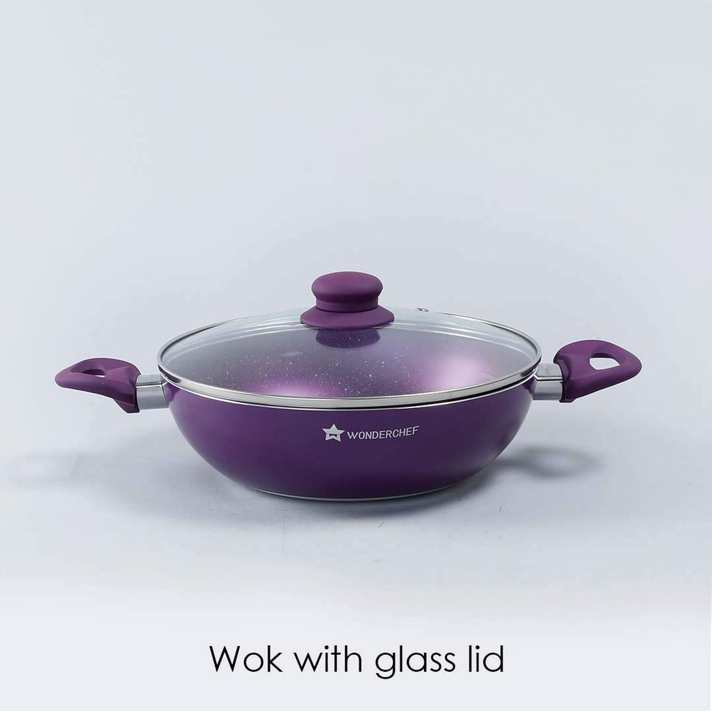 Orchid Non-Stick Cookware 4 Piece Set | Kadhai with Glass Lid 2.7L, Dosa Tawa 28cm, Fry Pan 24cm | Induction Bottom | Soft Touch Handles | Pure Grade Aluminium | PFOA Free | 2 Year Warranty | Purple