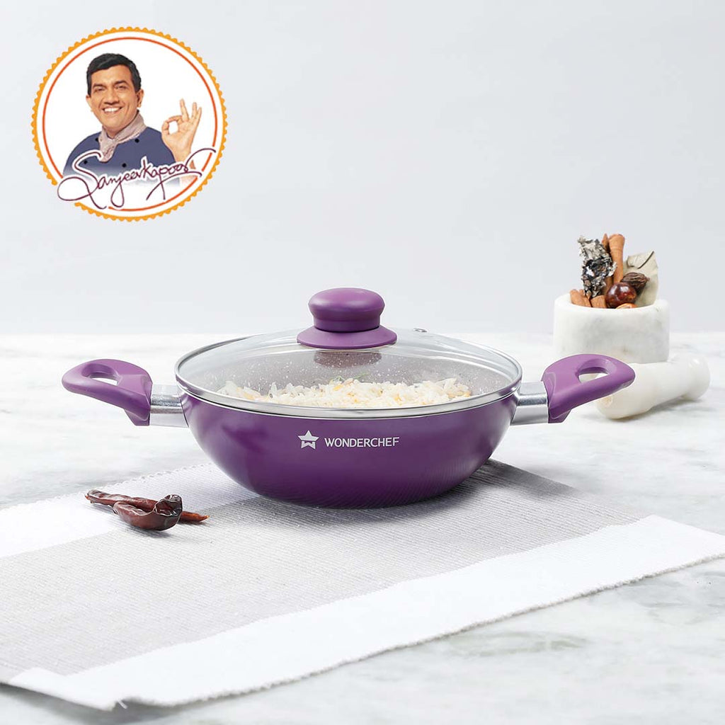 Royal Velvet 20 cm Non-Stick Kadhai with Lid and Induction Bottom | Soft-Touch Handle | Virgin Grade Aluminium | PFOA and Heavy Metals Free | 3 mm thick | 1.4 litres | 2 Years Warranty | Purple