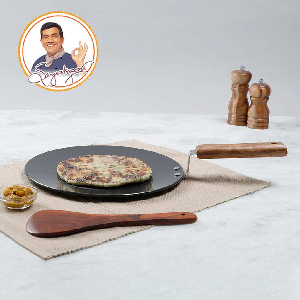 Ebony 28 cm Roti Tawa | Induction Bottom | Wooden Handle| Hard Anodized Aluminium | Non Stick Tawa | 4.06 mm| 5 Years Warranty | Black