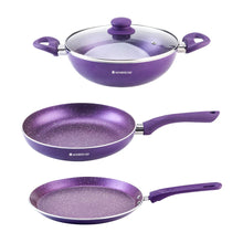 Load image into Gallery viewer, Orchid Non-Stick Cookware 4 Piece Set | Kadhai with Glass Lid 2.7L, Dosa Tawa 28cm, Fry Pan 24cm | Induction Bottom | Soft Touch Handles | Pure Grade Aluminium | PFOA Free | 2 Year Warranty | Purple