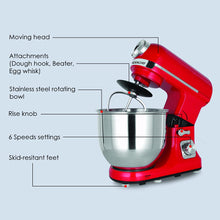 Load image into Gallery viewer, Crimson Edge Die-Cast Metal Kitchen Stand Mixer and Beater with 6 Speed Settings | Pasta Attachments | 1000 W Powerful Copper Motor | 5 L SS Bowl | Includes Whisking Cone, Mixing Beater, Dough Hook Attachments &amp; Splash Guard | 3 Year Warranty | Red