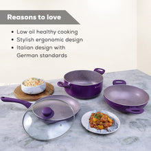 Load image into Gallery viewer, Galaxy Festival 4pcs Cookware Set | Casserole with Lid, Fry Pan, Kadhai | Induction Friendly | Cool Touch Bakelite Handles | Pure Grade Aluminium| PFOA Free| 2 Years Warranty | Purple