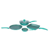 Celebration Non-stick Cookware Set, 5Pc (Wok with Lid, Mini Fry Pan, Dosa Tawa, Grill Pan), Induction Friendly, Soft Touch Handle, Pure Grade Aluminium, PFOA/Heavy Metals Free, 2.2mm, 2 Years Warranty, Turquoise blue