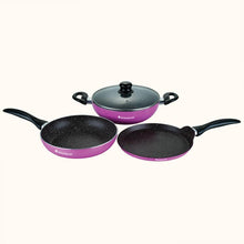 Load image into Gallery viewer, Athena Aluminium Non-Stick Cookware Set of 4 | Kadhai with Glass Lid 24cm, Fry Pan 24cm &amp; Dosa Tawa 25cm | Induction Friendly Cookware | Cool Touch Bakelite Handle | Pure Grade Aluminium | PFOA Free | 2 Year Warranty | Pink