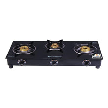 Load image into Gallery viewer, Power 3 Burner Glass Cooktop, Black 6mm Toughened Glass with 1 Year Warranty, Ergonomic Knobs, Tri Pin Brass Burner, Stainless-steel Spill Tray, Manual Ignition