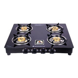 Ultima 4 Burner Manual Glass Cooktop | 6mm Toughened Glass Cooktop | Stainless Steel Drip tray | Anti-Skid Legs | Large Pan support | Manual Ignition | 360 degree Revolving Nozzle | Black steel frame | 2 Year Warranty | Black