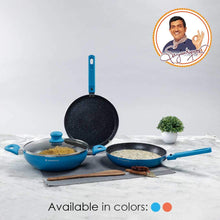 Load image into Gallery viewer, Power Non-Stick Cookware 4 Piece Set | Kadhai with Glass Lid 2.6L, Dosa Tawa 25cm, Fry Pan 24cm | Induction Friendly Bottom | Soft Touch Handles | Pure Grade Aluminium | PFOA Free | 2 Years Warranty | Blue