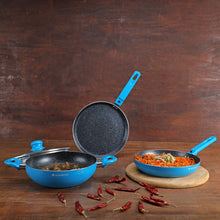 Load image into Gallery viewer, Power Non-Stick Cookware 4 Piece Set | Kadhai with Glass Lid 2.6L, Dosa Tawa 25cm, Fry Pan 24cm | Induction Friendly Bottom | Soft Touch Handles | Pure Grade Aluminium | PFOA Free | 2 Years Warranty | Blue