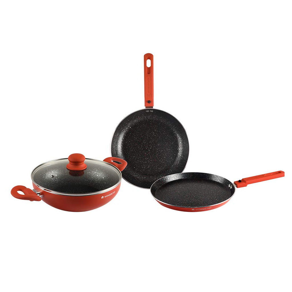 Power Non-Stick Cookware 4 pc Set | Kadhai with Glass Lid 2.6L, Dosa Tawa 25cm, Fry Pan 24cm | Induction Bottom | Soft Touch Handles | Pure Grade Aluminium | PFOA Free | 2 Year Warranty | Orange