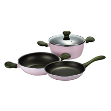 Load image into Gallery viewer, Olivia Spring Season Non-Stick Cookware Set of 3 | Kadhai with Glass Lid 24cm, Casserole with Lid 24cm &amp; Fry Pan 24cm | Induction Bottom | Soft Touch Handles | Pure Grade Aluminium | PFOA Free | 2 Year Warranty | Pink