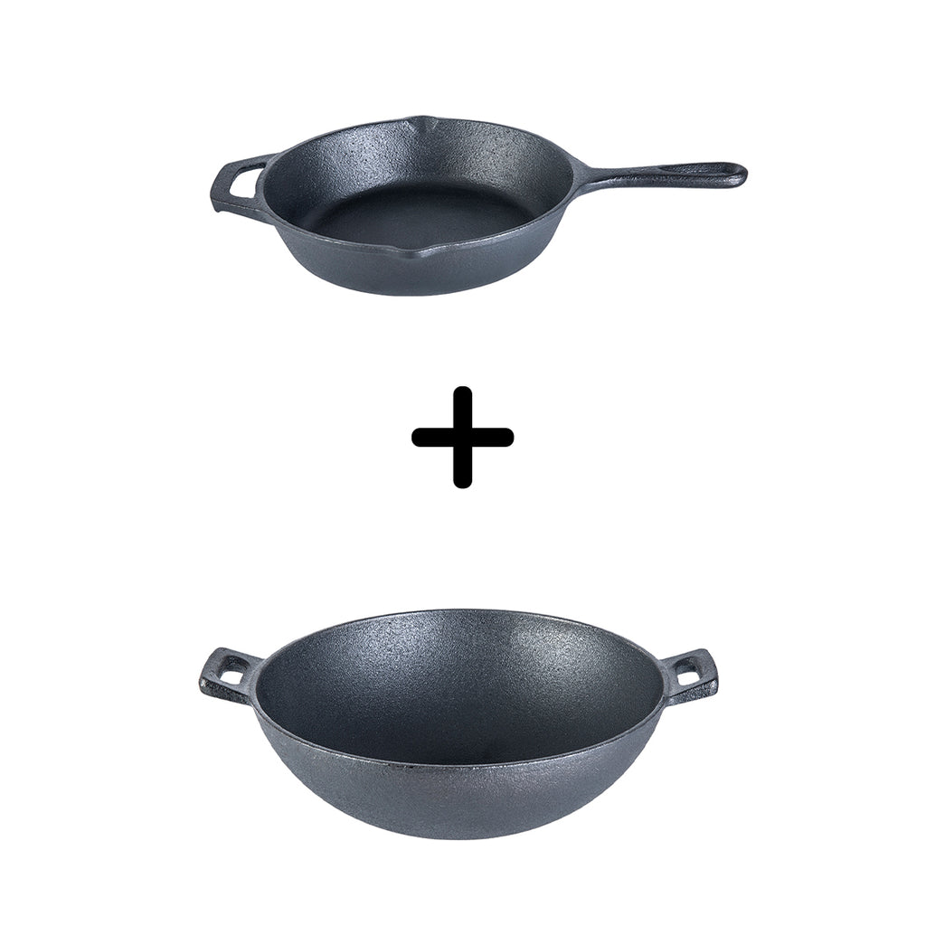 Forza Cast-Iron Fry Pan, Pre-Seasoned Cookware, Induction Friendly, 20cm, 3.8mm and Forza Cast-Iron Kadhai, Pre-Seasoned Cookware, Induction Friendly, 24cm, 1.9L, 3.8mm