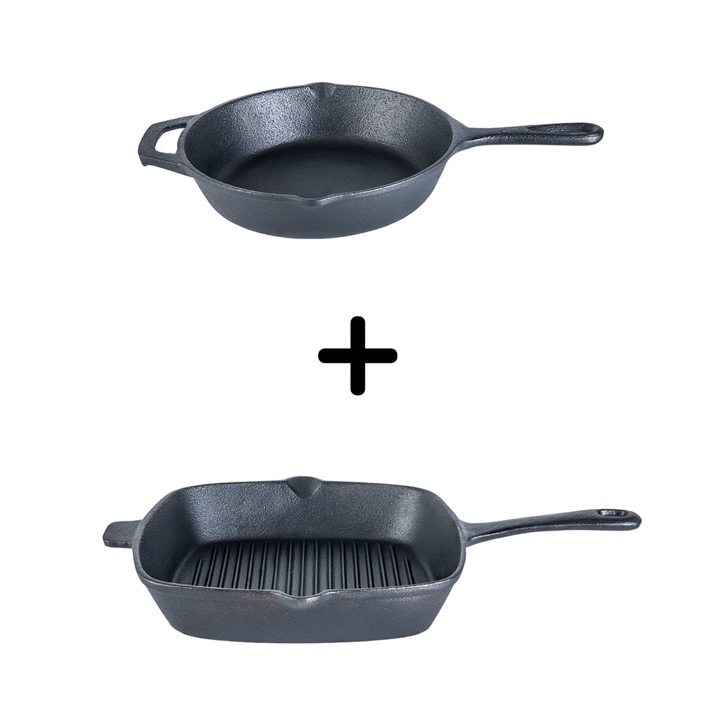 Forza Cast-Iron Fry Pan, Pre-Seasoned Cookware, Induction Friendly, 24cm, 3.8mm and Forza Cast-Iron Grill Pan, Pre-Seasoned Cookware, Induction Friendly, 26cm, 3.8mm