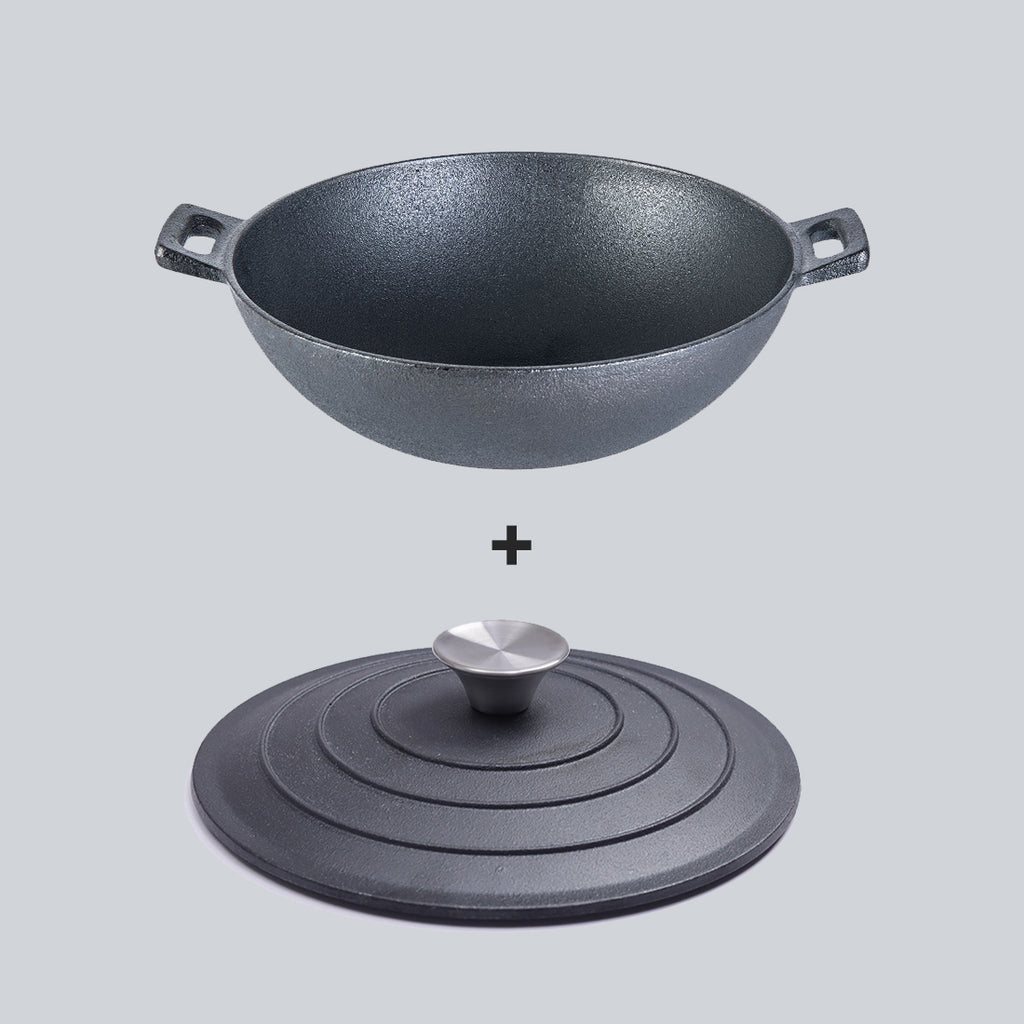 Forza 24 cm Cast-iron Kadhai with lid combo, Pre-Seasoned Cookware, Induction Friendly, 1.9L, 3.8 mm