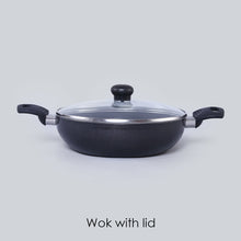 Load image into Gallery viewer, Platinum Plus Non-stick Cookware Set, 4Pc (Kadhai with Lid, Fry Pan, Dosa Tawa), Induction Bottom, Cool-touch Bakelite Handle, Pure Grade Aluminium, PFOA/Heavy Metals Free, 1 Year Warranty, Black