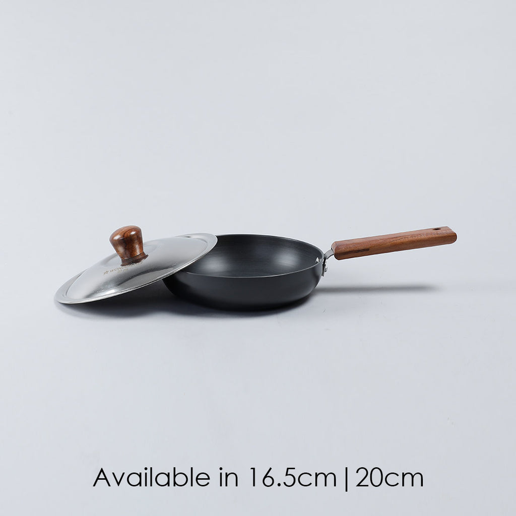 Ebony Non-stick 20 cm Deep Fry Pan with Lid with Induction Bottom & Wooden Handle | Hard Anodized Aluminium | Metal-spatula friendly | 3.25 mm thickness ideal for deep frying | 5 Years Warranty | Grey
