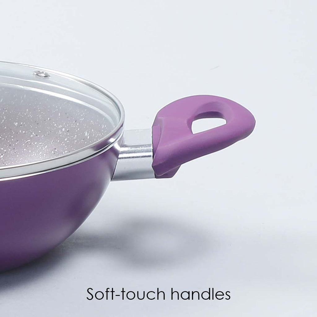 Royal Velvet 20 cm Non-Stick Wok with Lid and Induction Bottom | Soft-Touch Handle | Virgin Grade Aluminium | PFOA and Heavy Metals Free | 3 mm thick | 1.4 litres | 2 Years Warranty | Purple