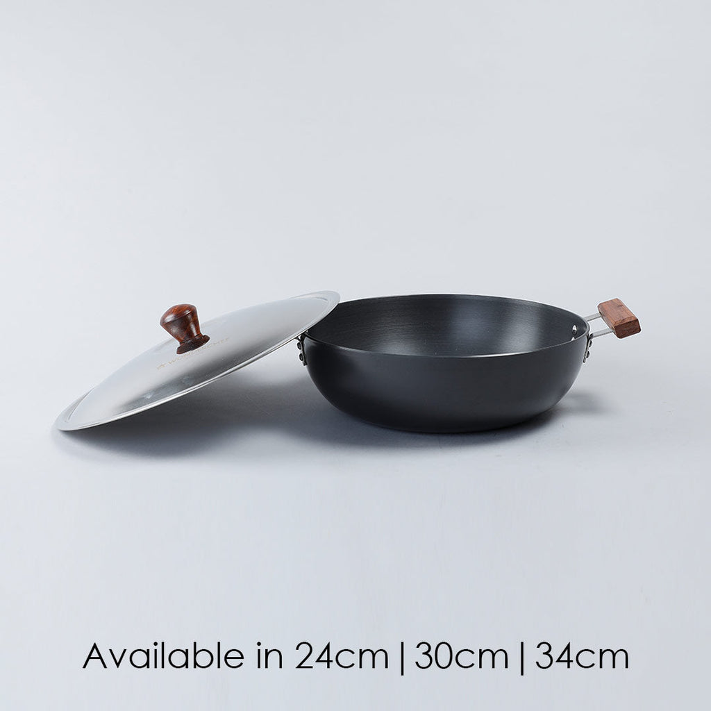 Ebony Hard Anodized 34 cm Deep Kadhai with Lid | 8 L| 3.25 mm thick| Ideal for Healthy Stir-frying, Saute, Curry | Black