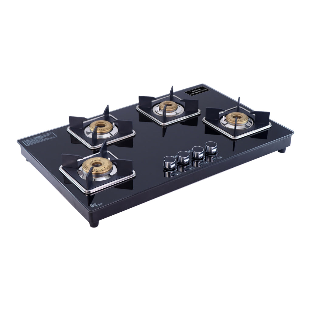Octavia 4 Burner Glass Hob Top Auto Cooktop | 8mm Toughened Glass | Auto Ignition | Forged Brass Burners | Stainless Steel Drip Tray | Anti-Skid Legs | Large & Heavy Pan support | LPG compatible | Black steel frame | 2 Year Warranty | Black