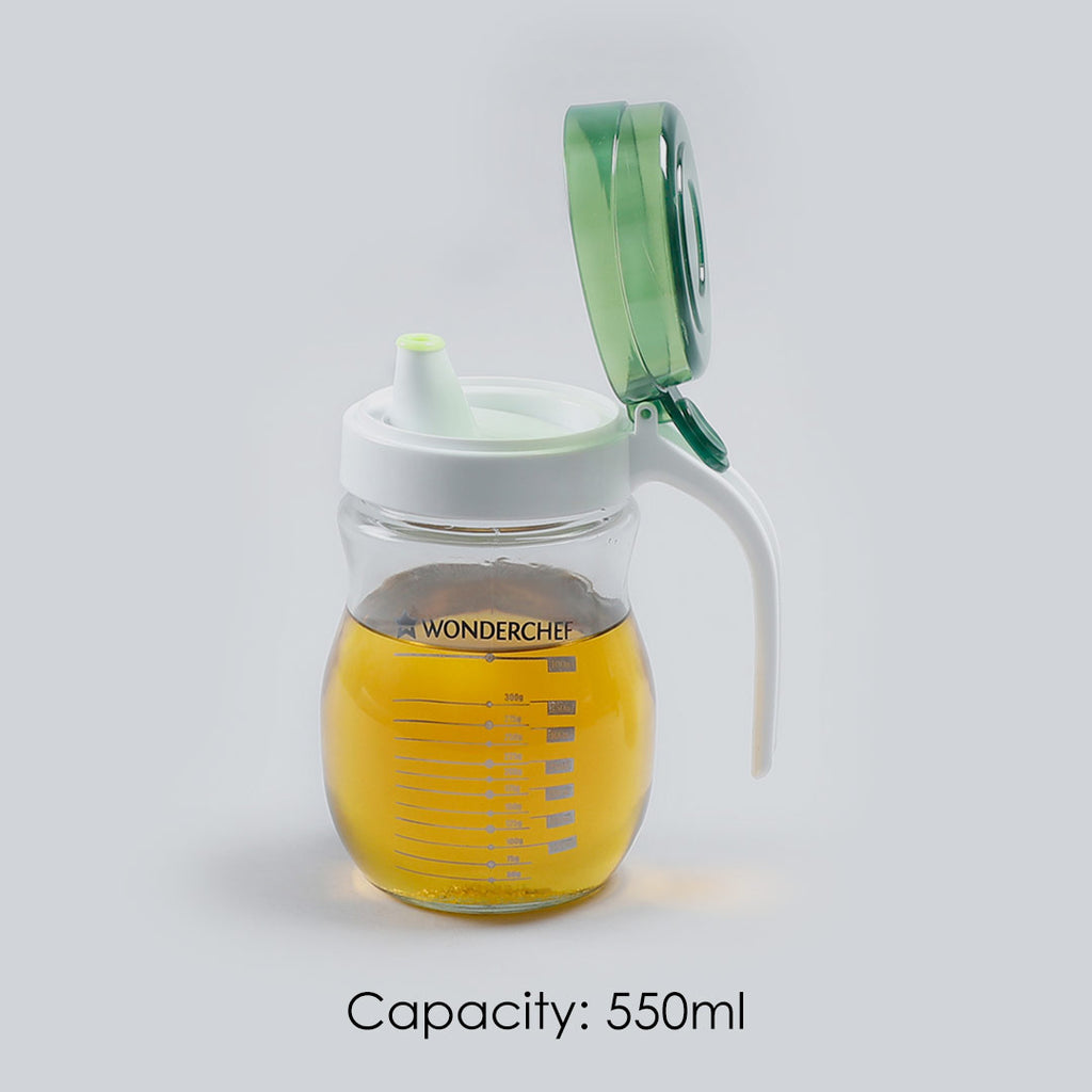 Oil Pourer Glass Bottle for Kitchen, Transparent Oil Pourer and Holder with Green Lid, Accurate Pouring without Wastage, 550ml