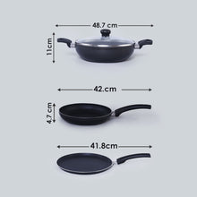 Load image into Gallery viewer, Platinum Plus Non-stick Cookware Set, 4Pc (Kadhai with Lid, Fry Pan, Dosa Tawa), Induction Bottom, Cool-touch Bakelite Handle, Pure Grade Aluminium, PFOA/Heavy Metals Free, 1 Year Warranty, Black